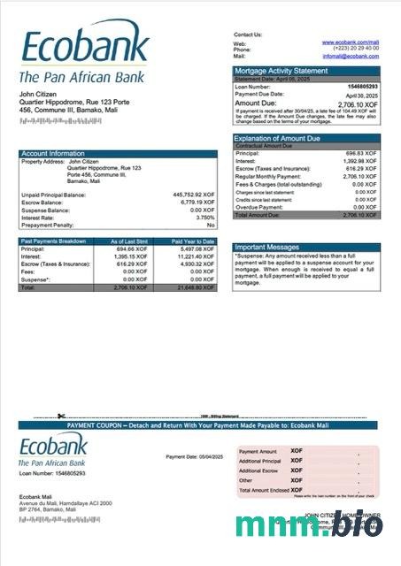 Mali Ecobank Mali wyciąg z kredytu hipotecznego szablon Word i PDF